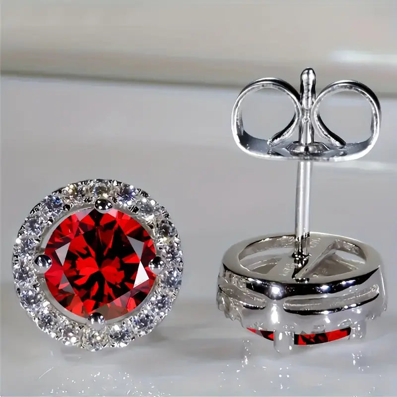 Silver Stud Earrings Ciara with Ruby and Crystal Halo