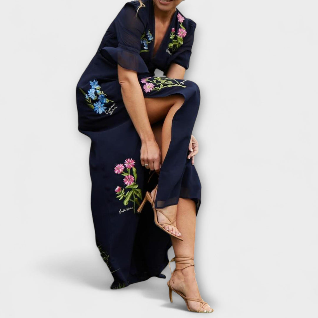 Beatrice - Marineblaues Kleid mit Blütenstickerei