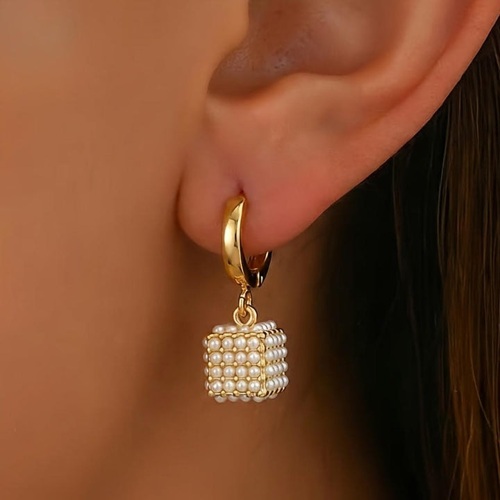 Gold Pearl Drop Earrings Cong with Cube