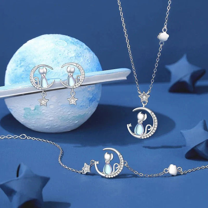 Sterling Silver Stud Earrings with Moonstone Cat and Star