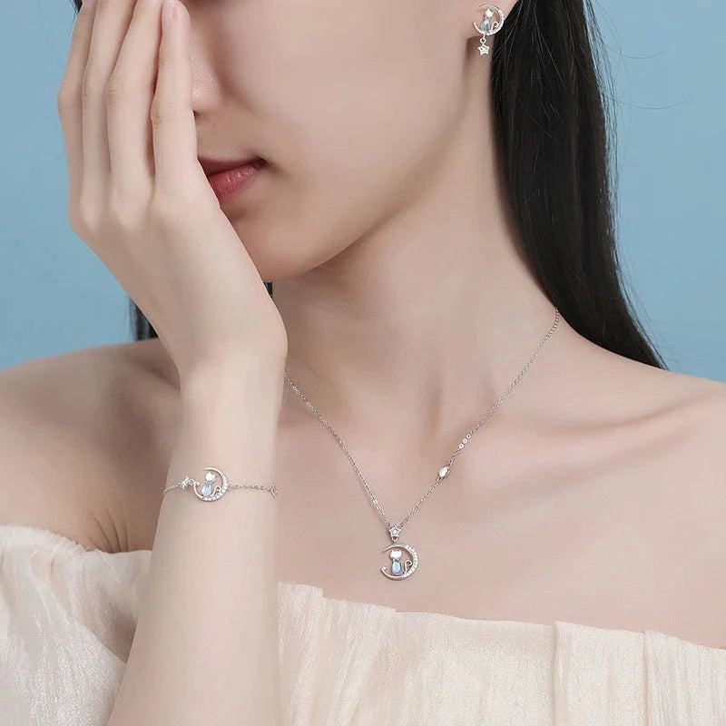 Sterling Silver Stud Earrings with Moonstone Cat and Star