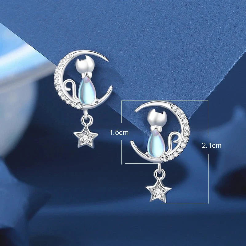 Sterling Silver Stud Earrings with Moonstone Cat and Star