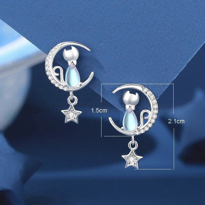 Sterling Silver Stud Earrings with Moonstone Cat and Star