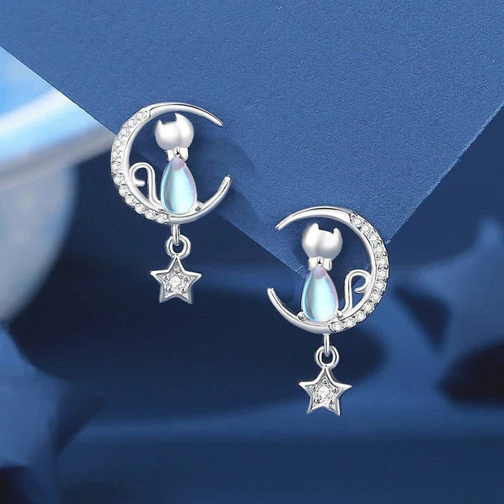 Sterling Silver Stud Earrings with Moonstone Cat and Star
