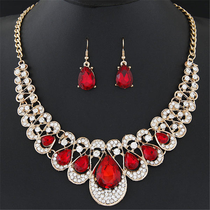 Gold Necklace Set Emer with Red Ruby Teardrops