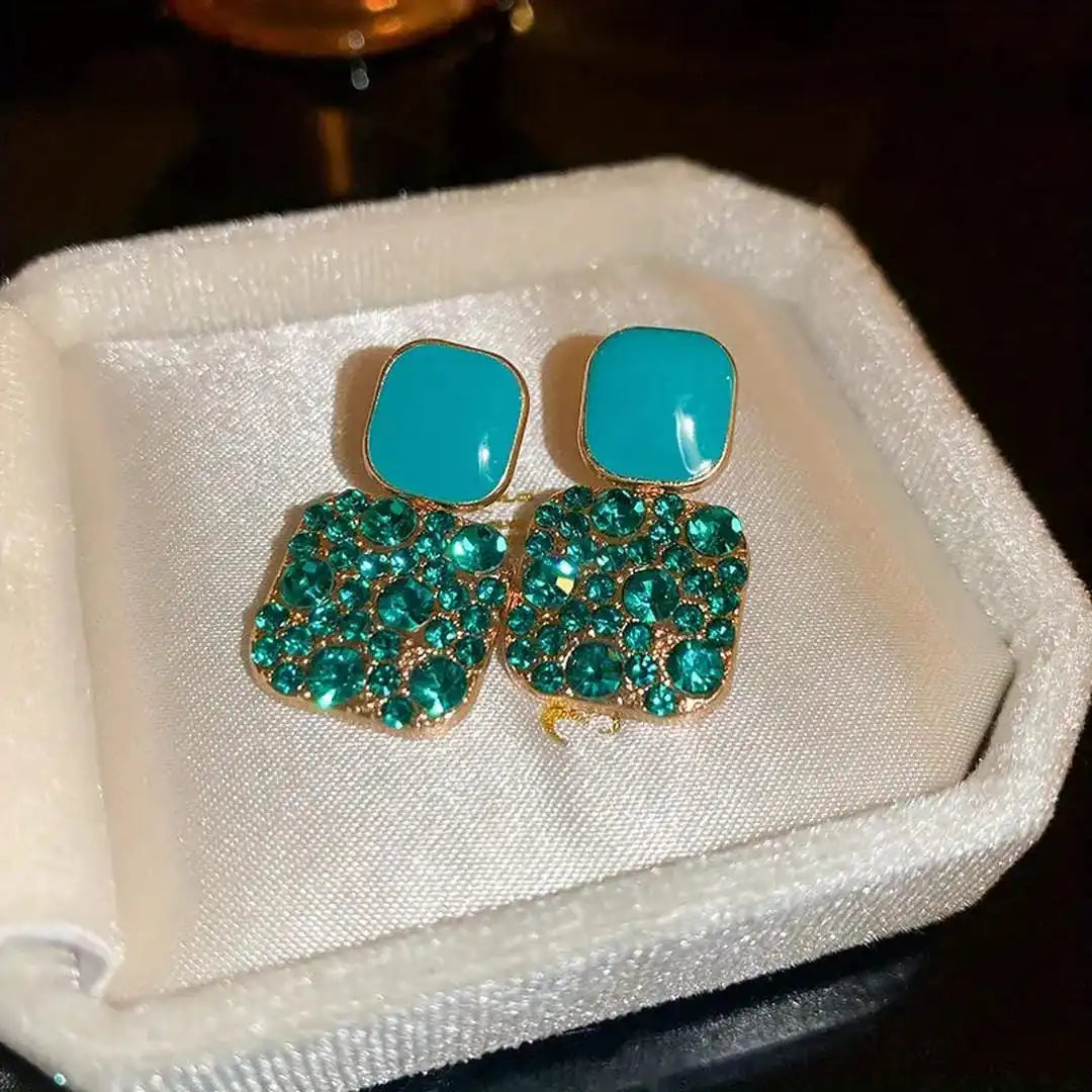 Gold Drop Earrings with Turquoise and Green Crystals
