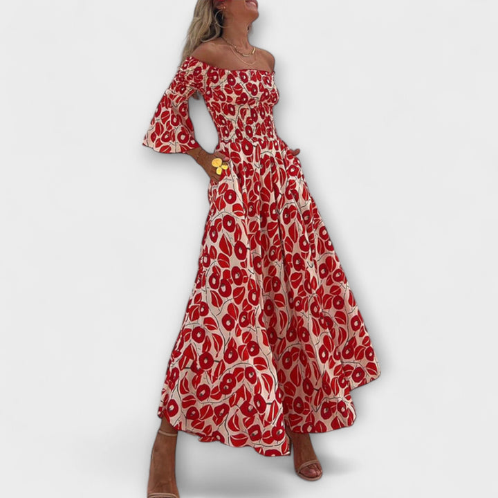 Sienna - Rotes schulterfreies Maxikleid mit Blüten
