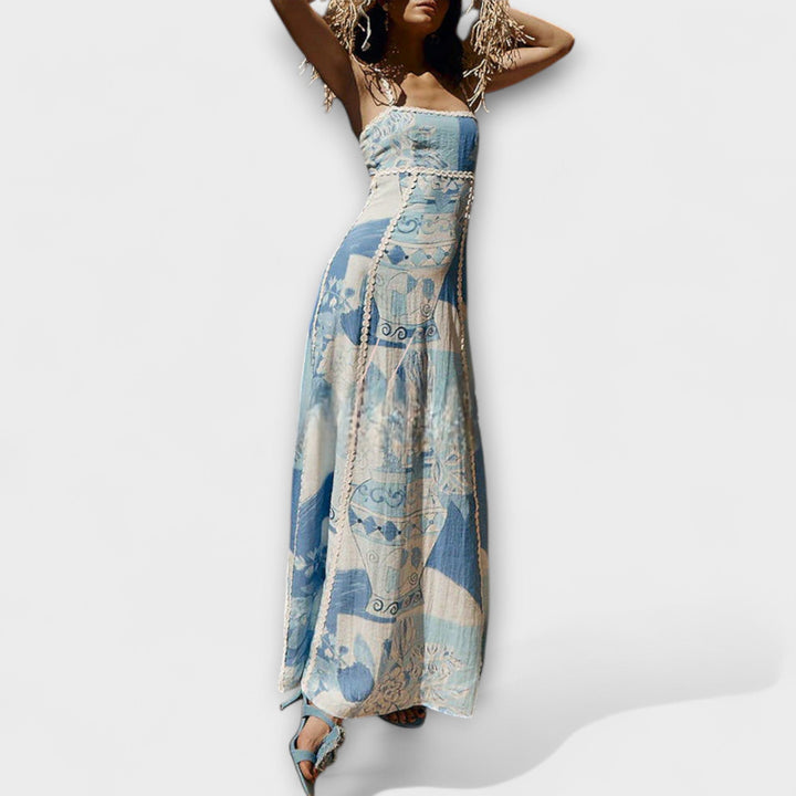 Terazza - Blau-weisses Leinen-Maxikleid mit Print