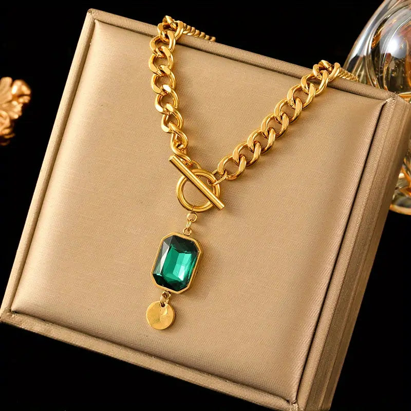 Gold Chain Necklace Treasa with Emerald and Coin