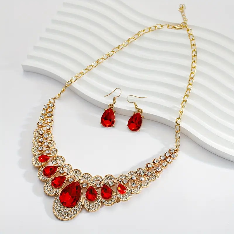 Gold Necklace Set Emer with Red Ruby Teardrops