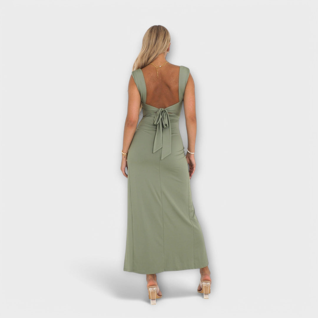 Ellie - Olivgrünes figurbetontes Midikleid mit Schlitz