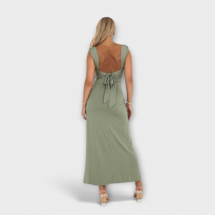 Ellie - Olivgrünes figurbetontes Midikleid mit Schlitz