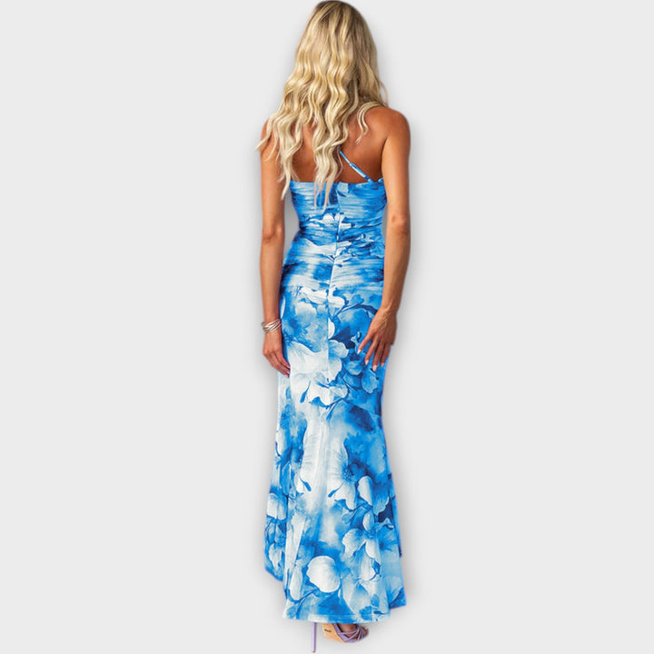 Pia - Lila Maxikleid mit Blütenmuster und Raffung