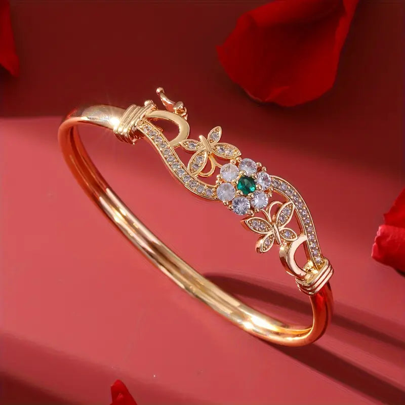 Gold Bangle Bracelet Gráinne with Emerald & Zirconia