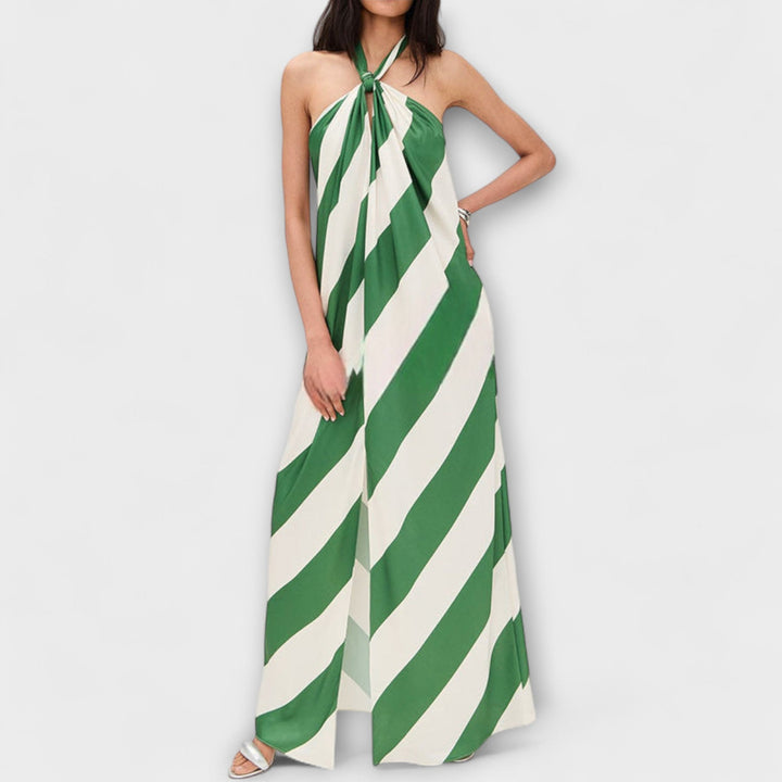 Marlowe - Grün-weisses gestreiftes Halter-Maxikleid