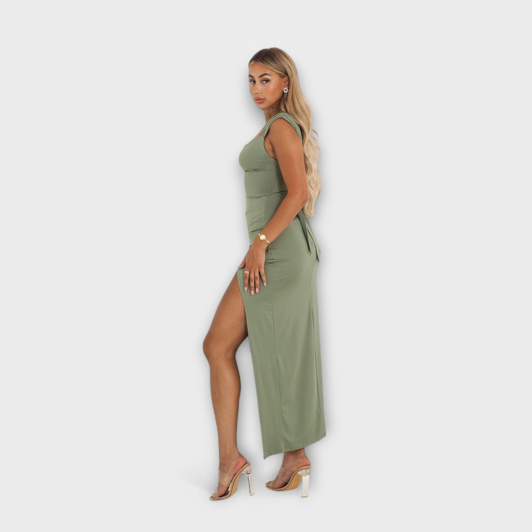 Ellie - Olivgrünes figurbetontes Midikleid mit Schlitz