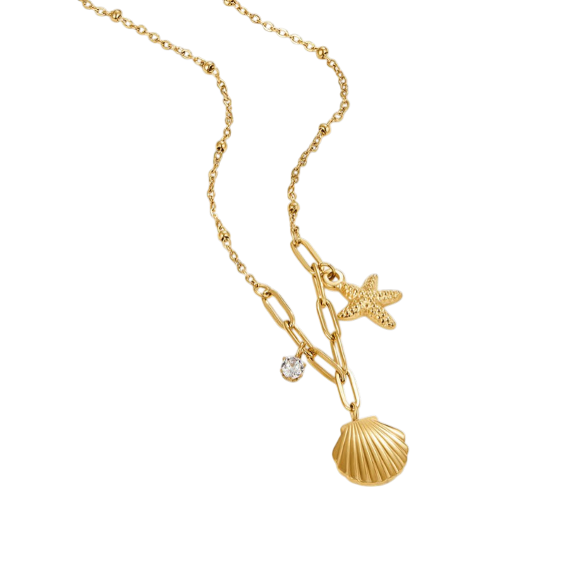 Gold Charm Necklace Clíona with Starfish and Shell