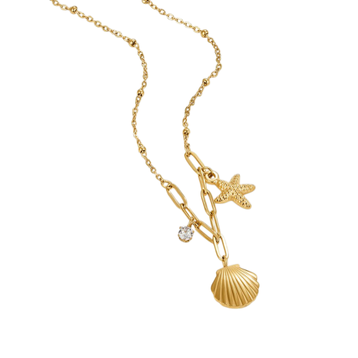 Gold Charm Necklace Clíona with Starfish and Shell