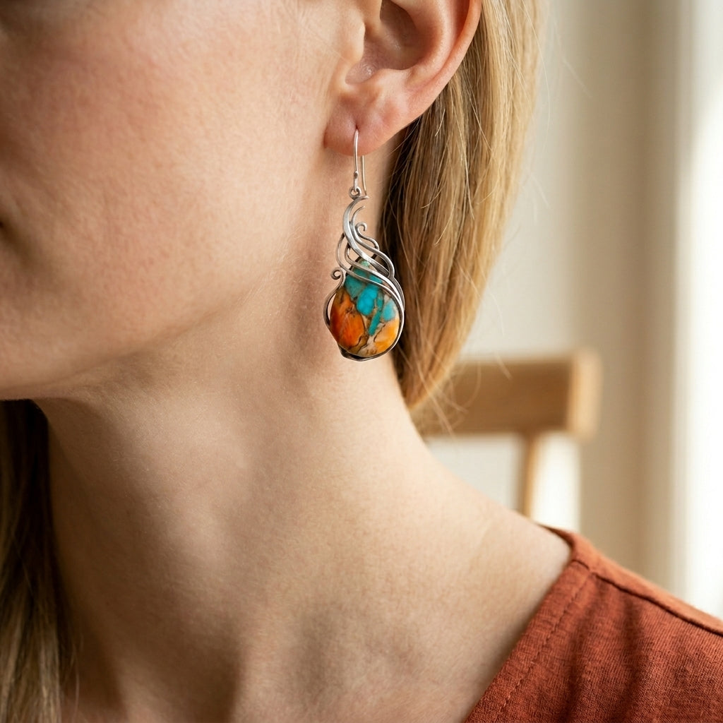 Silver Drop Earrings with Turquoise and Spiny Oyster