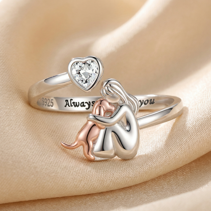 Sterling Silver Adjustable Ring with Woman & Dog Motif