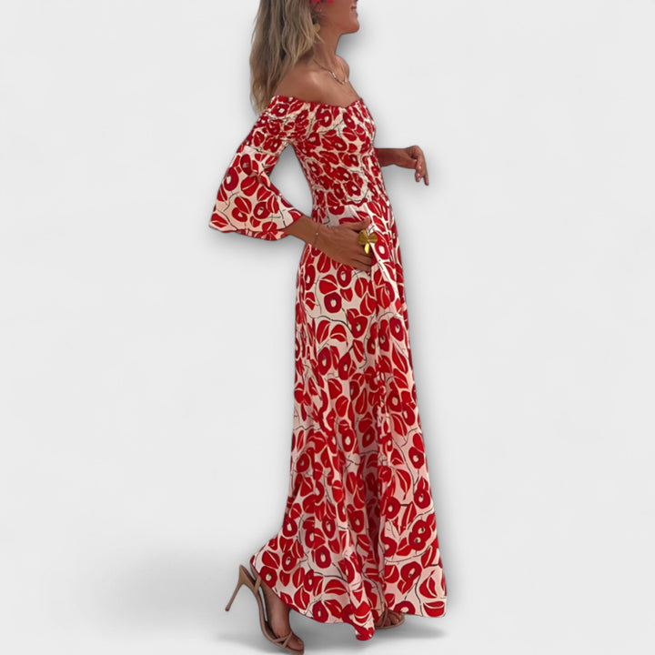 Bella - Rotes Off-Shoulder-Kleid mit Blütenmuster