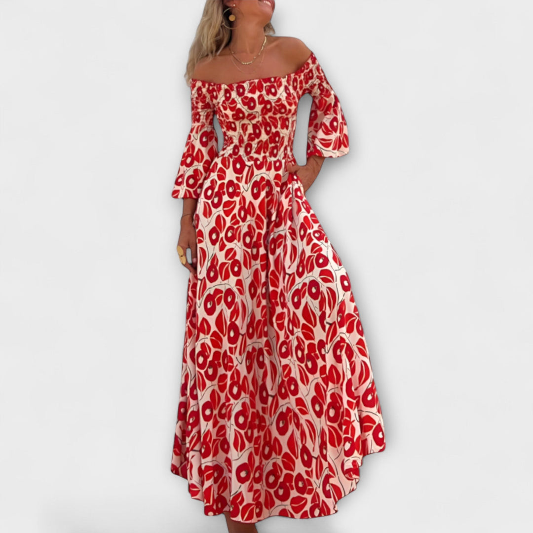 Bella - Rotes Off-Shoulder-Kleid mit Blütenmuster