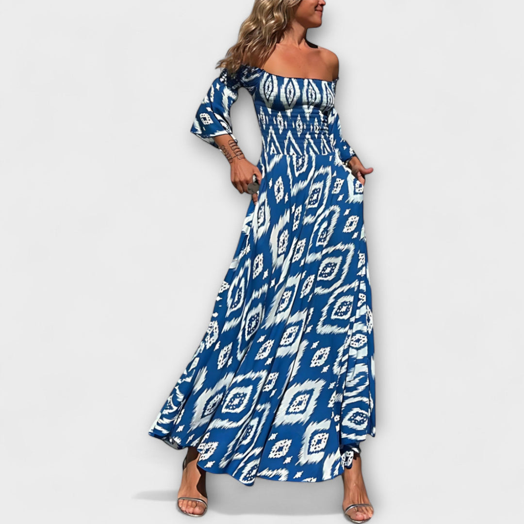 Bella - Rotes Off-Shoulder-Kleid mit Blütenmuster