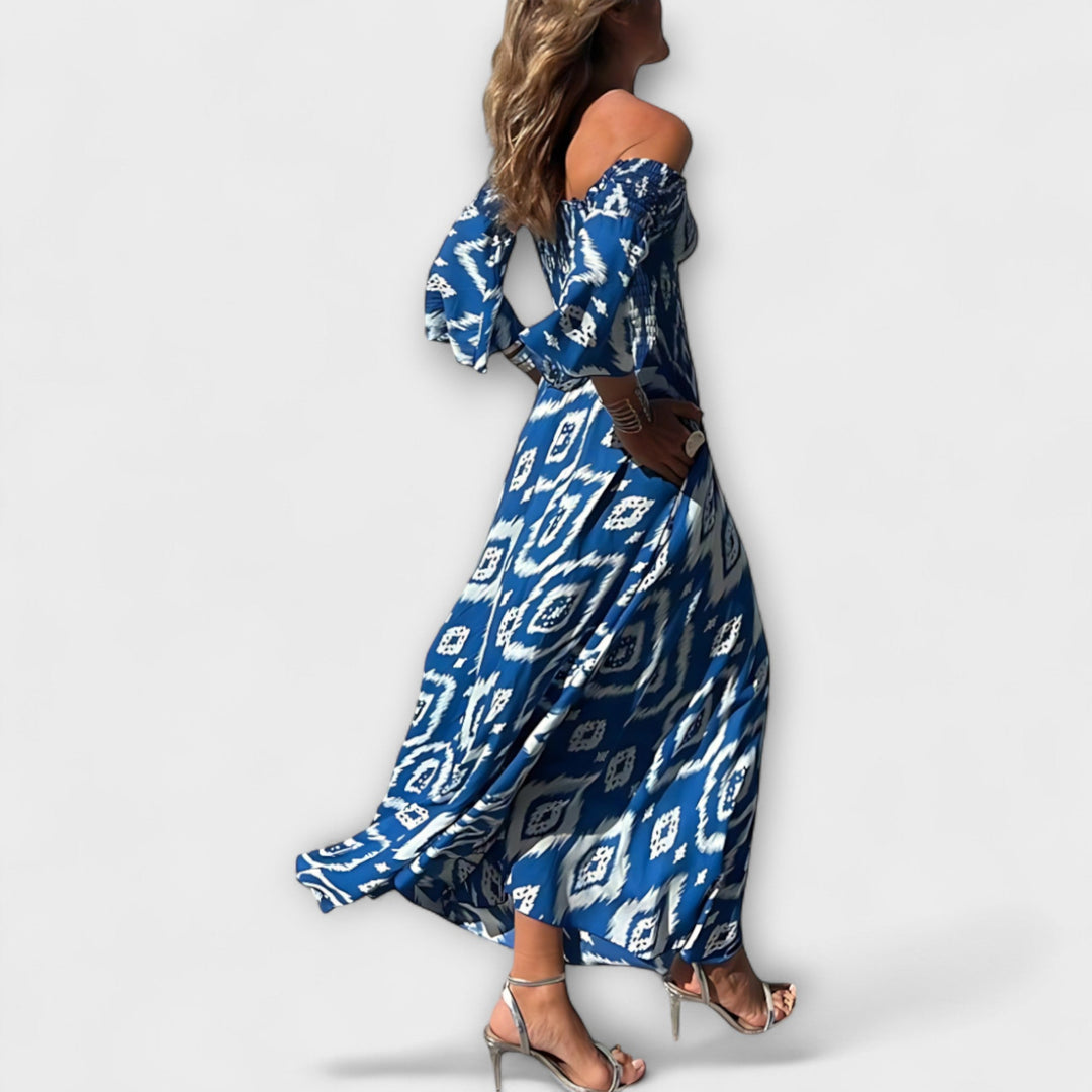 Bella - Rotes Off-Shoulder-Kleid mit Blütenmuster