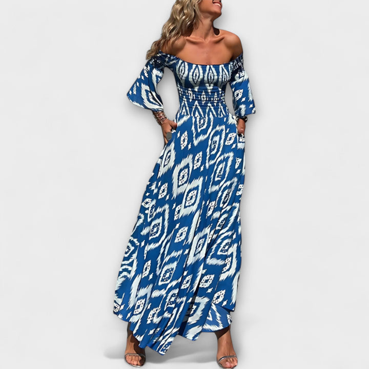 Bella - Rotes Off-Shoulder-Kleid mit Blütenmuster
