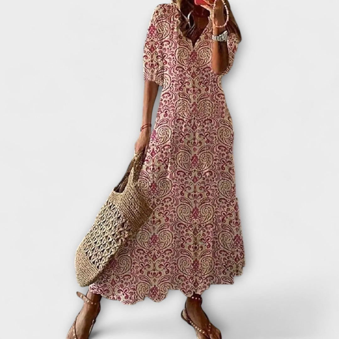 Anna - Cremefarbenes Boho-Sommerkleid mit Blütenmuster