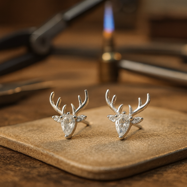 Gold Stud Earrings with Antler Motif and Zirconia