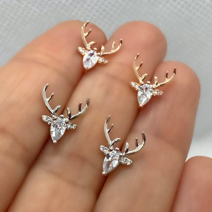Gold Stud Earrings with Antler Motif and Zirconia