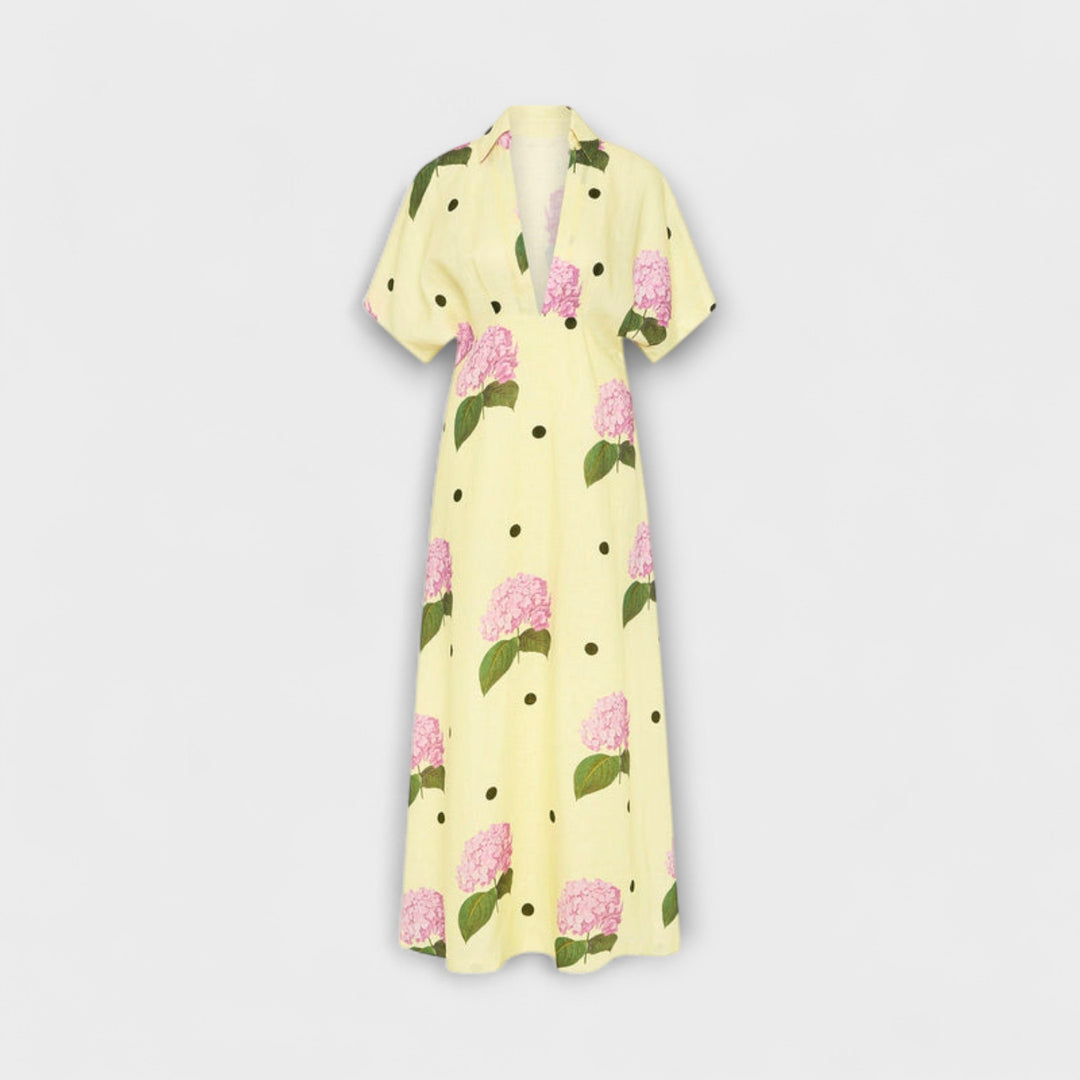 Liselotte - Hellgelbes Langes Kleid mit Hortensienmuster
