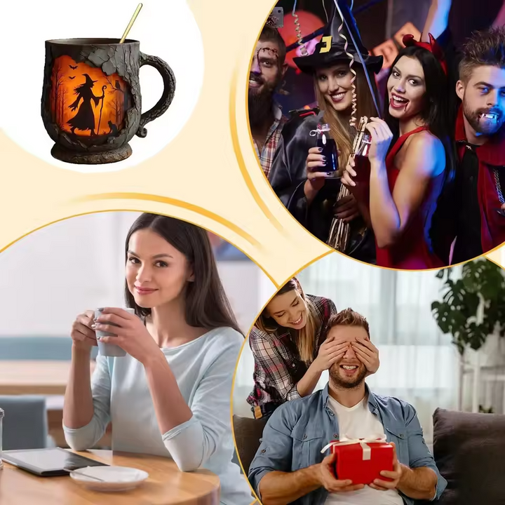 Handgefertigte 3D Halloween-Tasse mit Hexe und Katze