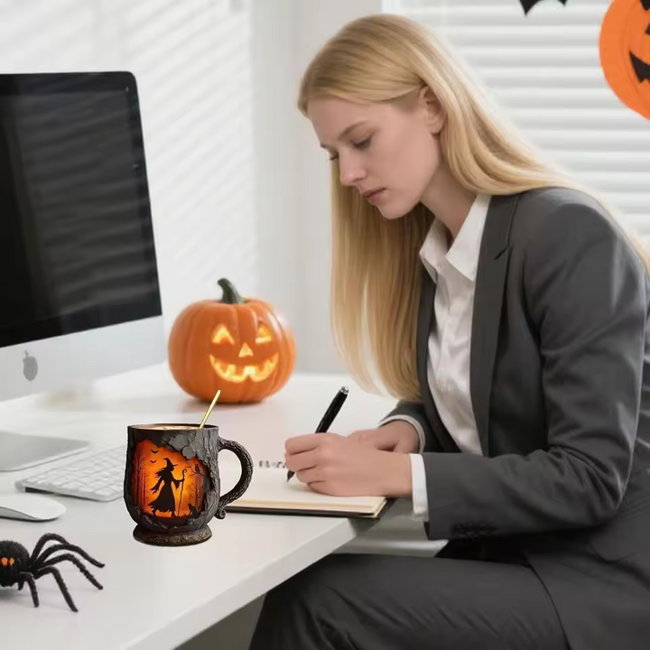 Handgefertigte 3D Halloween-Tasse mit Hexe und Katze
