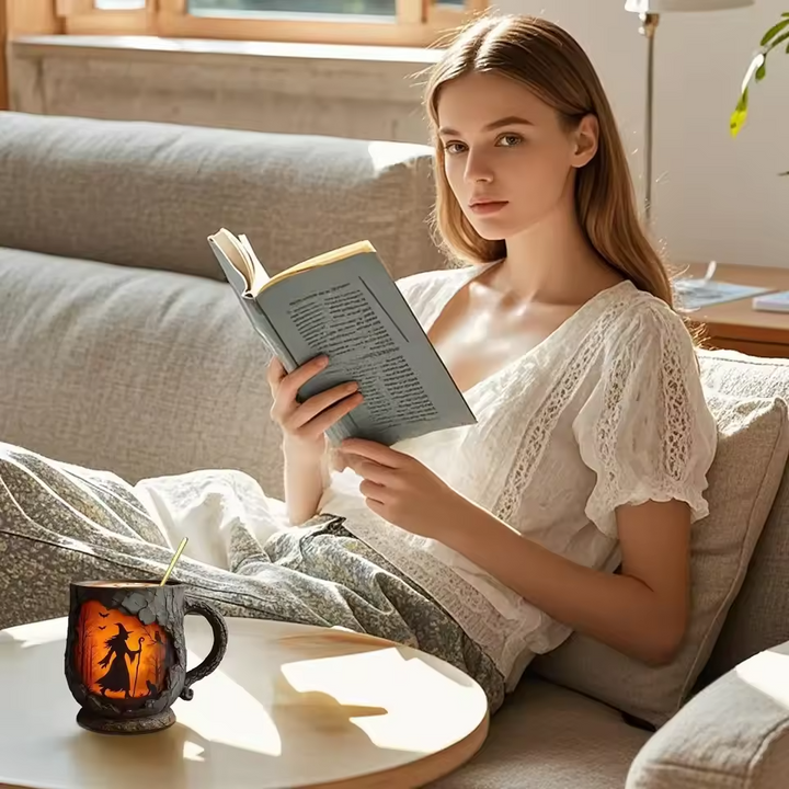 Handgefertigte 3D Halloween-Tasse mit Hexe und Katze