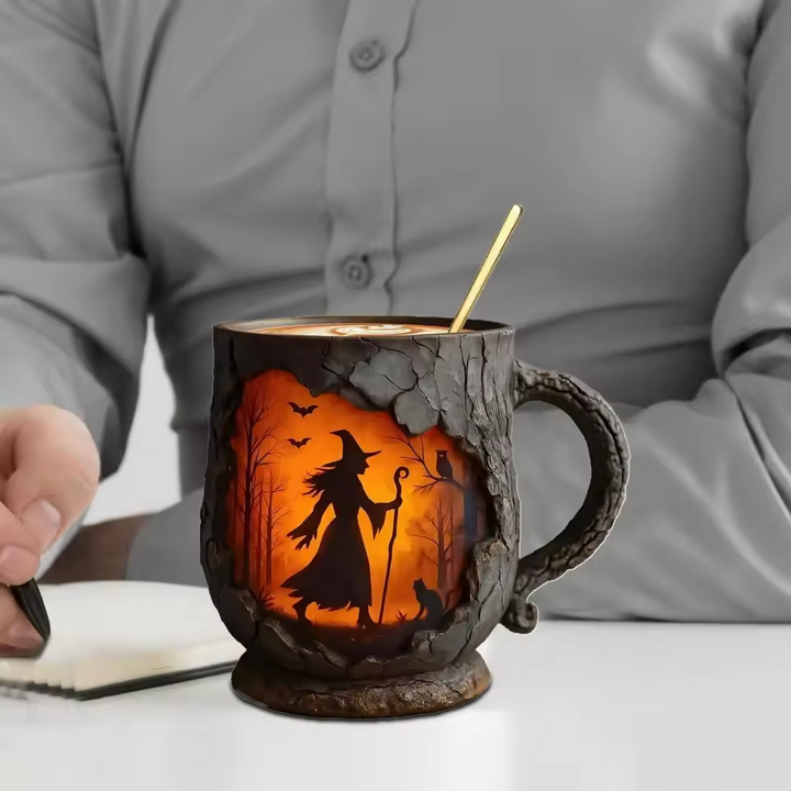 Handgefertigte 3D Halloween-Tasse mit Hexe und Katze