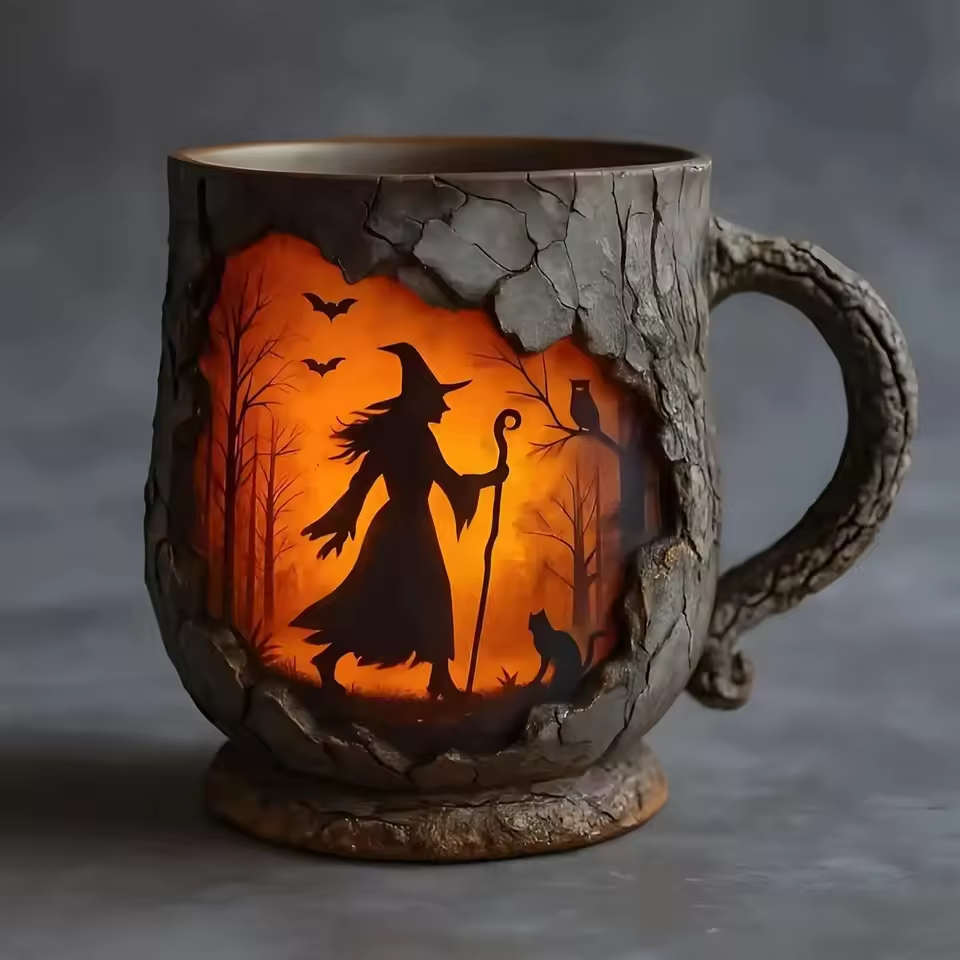 Handgefertigte 3D Halloween-Tasse mit Hexe und Katze
