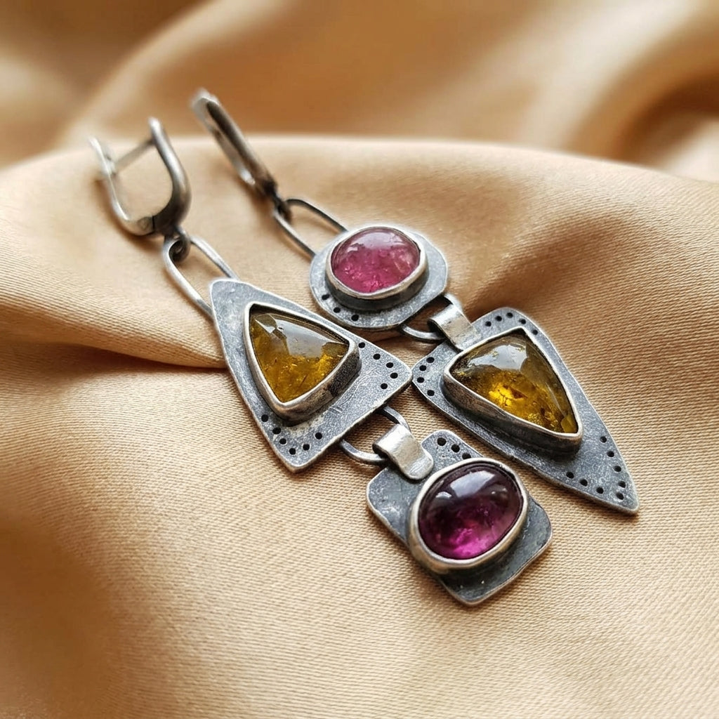 Silver Drop Earrings with Pink and Citrine Stones