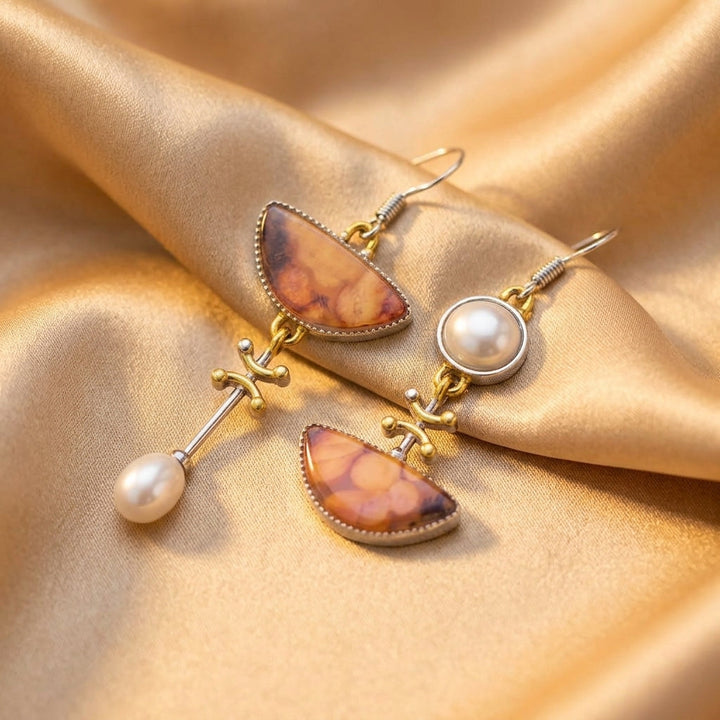 Gold & Silver Drop Earrings with Amber Stones and Pearl