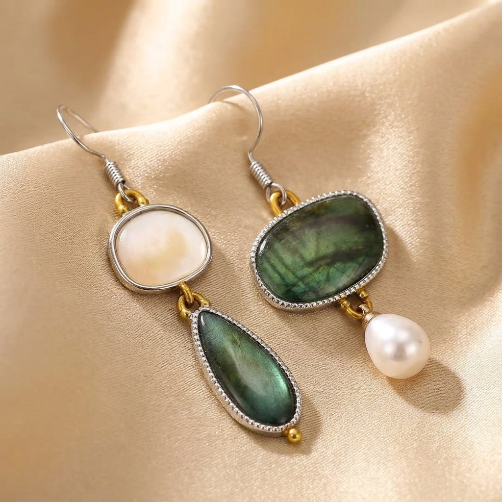 Gold & Silver Drop Earrings with Green Stone and Pearl