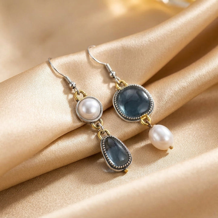 Gold & Silver Drop Earrings with Blue Stone and Pearl