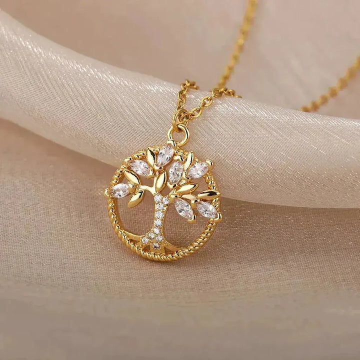 Tree of Life Necklace with Crystals, Gold-Tone