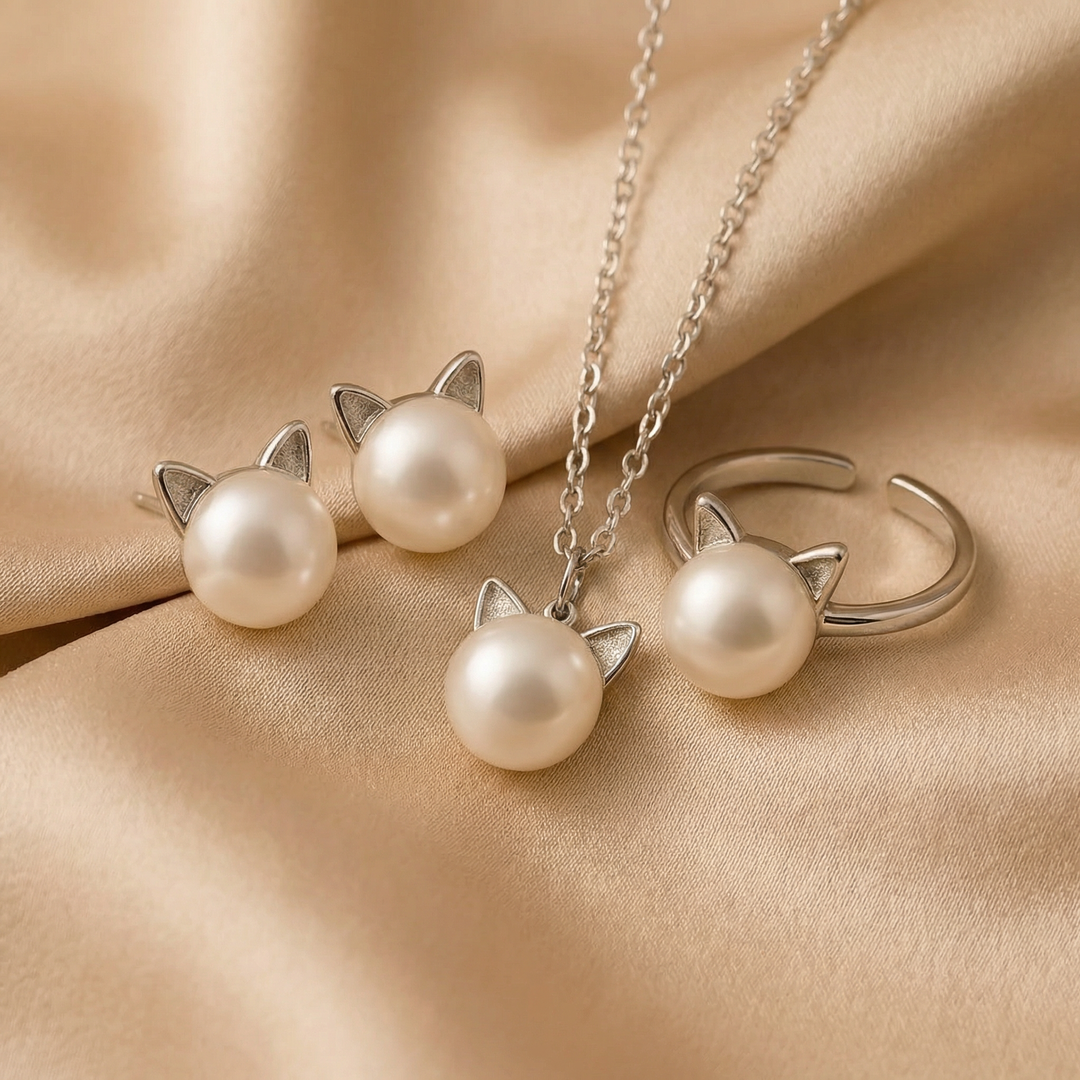 Silver Necklace Set Aoife with Cat and Pearl