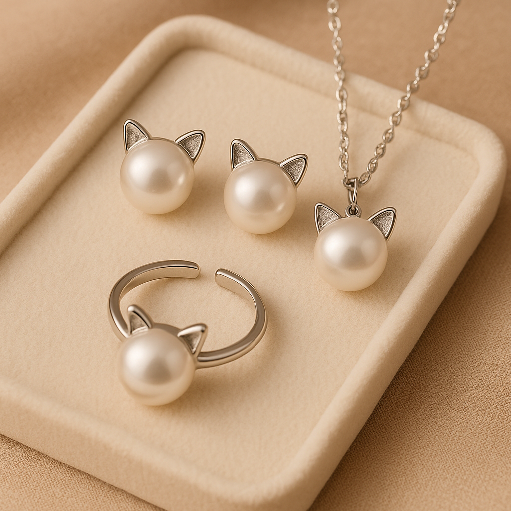 Silver Necklace Set Aoife with Cat and Pearl