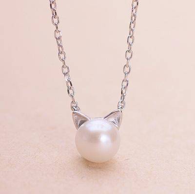 Silver Necklace Set Aoife with Cat and Pearl