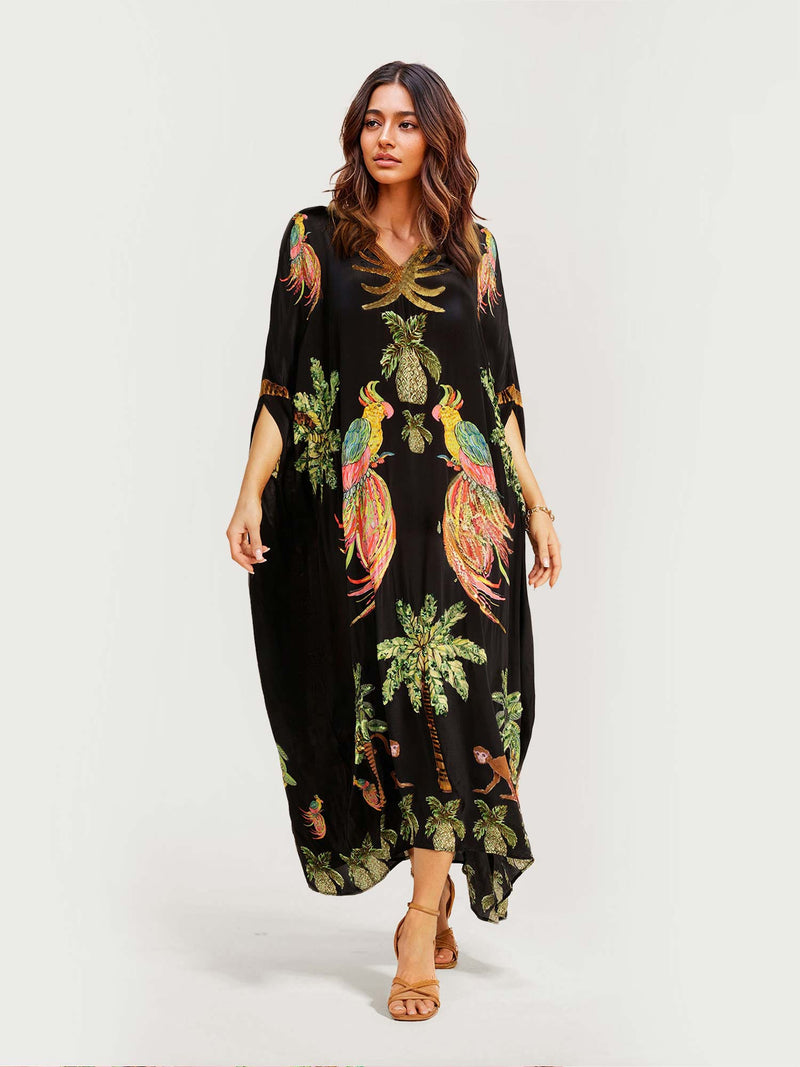 Alessandra - Schwarzes langes Kleid mit Muster