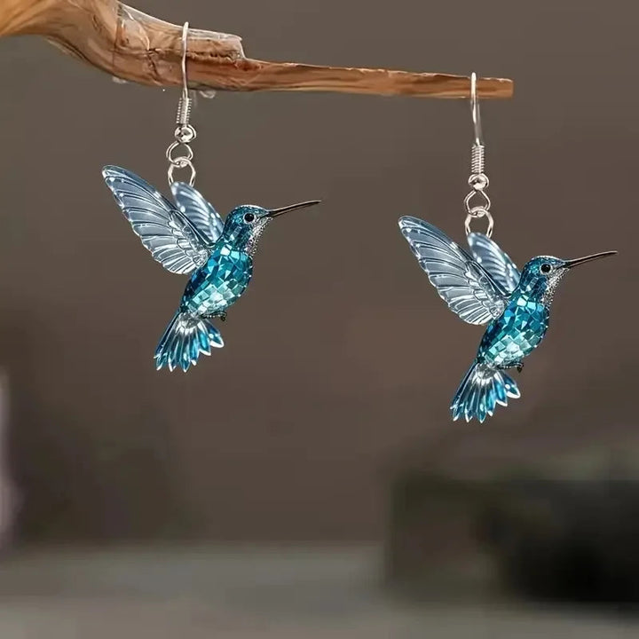 Silver Drop Earrings with Blue Crystal Hummingbird