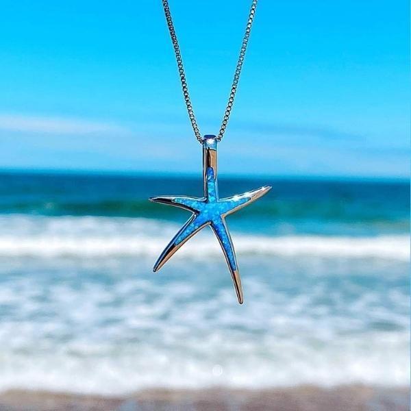 Silver Necklace Muirne with Starfish and Blue Opal