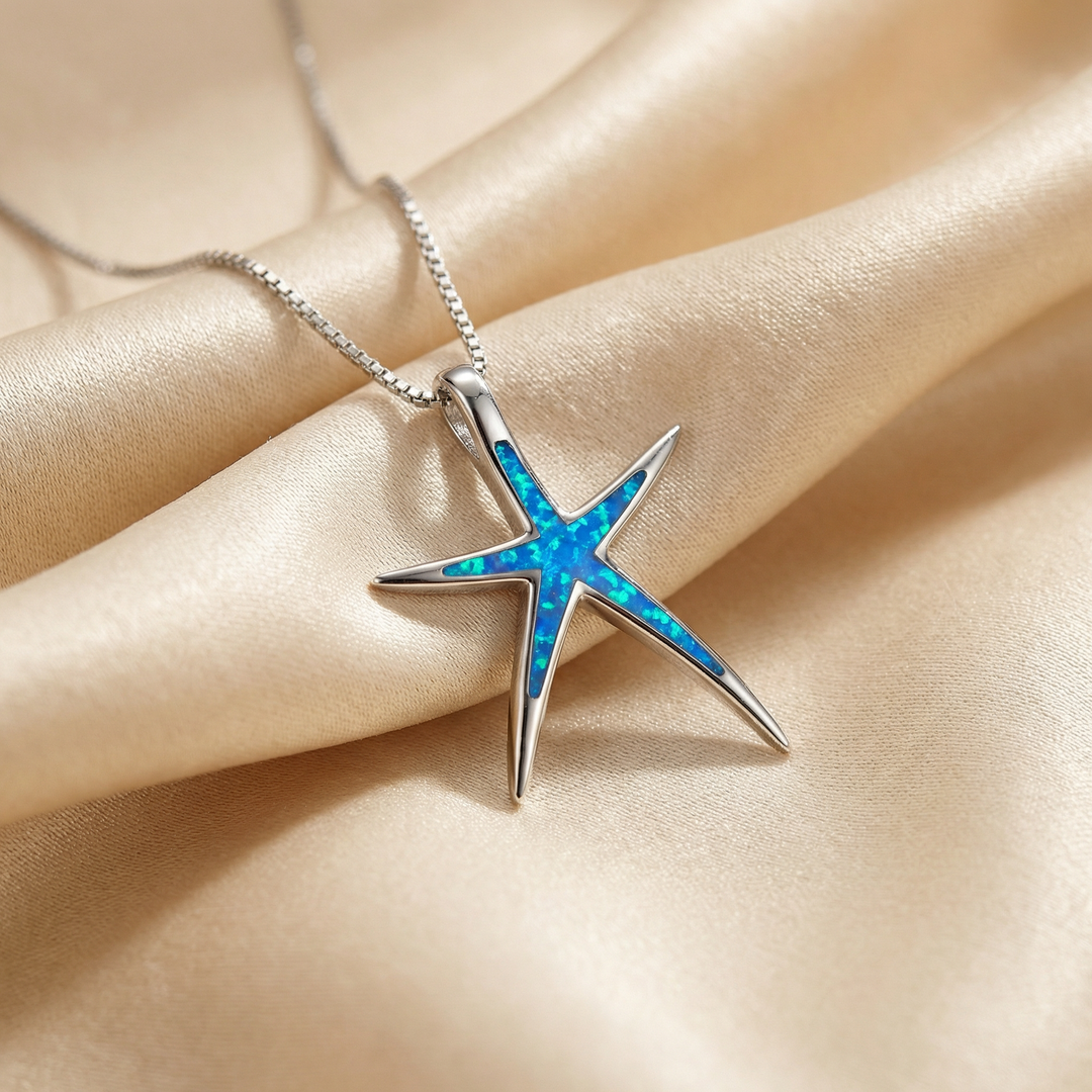 Silver Necklace Muirne with Starfish and Blue Opal